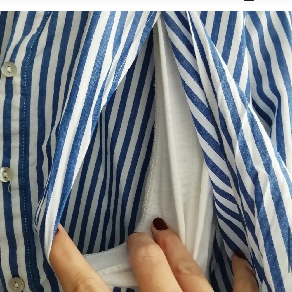 Seraphine Blue and White Striped Maternity/Nursing Shirt Dress - Picture 8 of 15